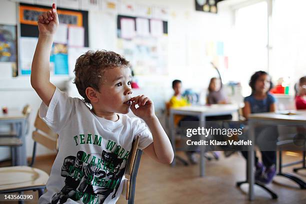 cute boy with raised hand in classroom - yngre skolåldern bildbanksfoton och bilder
