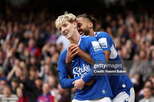 Anthony Gordon of Everton celebrates with teammate Dominic Calvert-Lewin after scoring their team's second goal during the Premier League match...