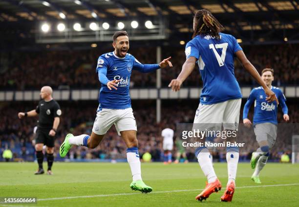 Dwight McNeil of Everton celebrates after scoring their team's third goal during the Premier League match between Everton FC and Crystal Palace at...
