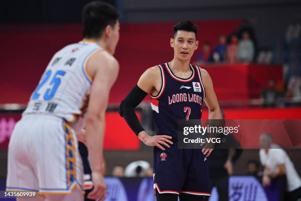 Jeremy Lin of Guangzhou Loong Lions reacts during 2022/2023 Chinese Basketball Association League match between Guangzhou Loong Lions and Beijing...