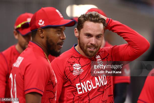 Phil Salt of England looks on before taking to the field for the national anthems during the ICC Men's T20 World Cup match between England and...