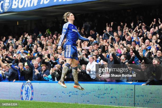 Fernando Torres of Chelsea celebrates as he scores their fifth goal and completes his hat trick during the Barclays Premier League match between...