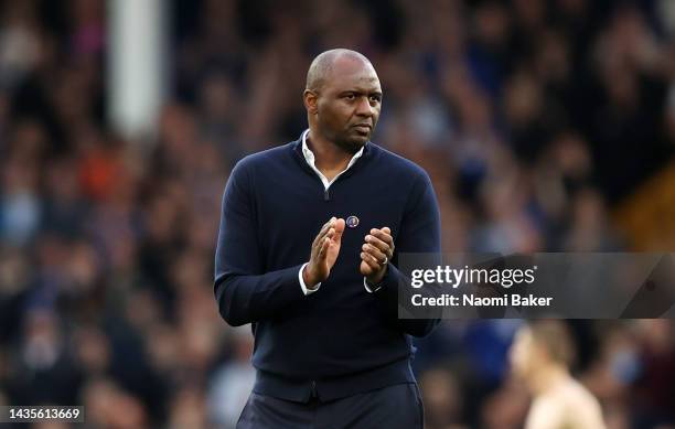 Patrick Vieria, Head Coach of Crystal Palace, reacts following the Premier League match between Everton FC and Crystal Palace at Goodison Park on...