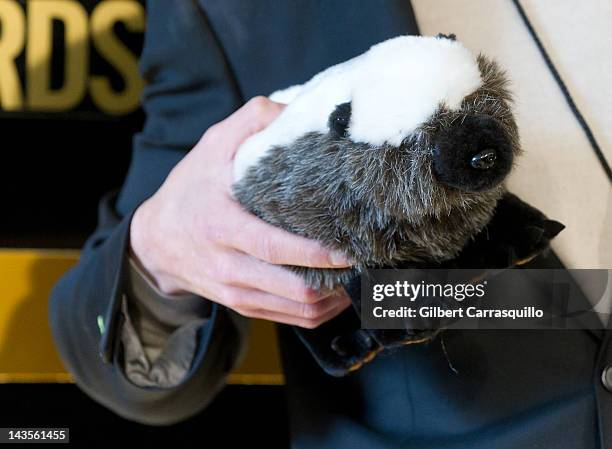 Randall the voice behind the 'Honey Badger' animated video holds a stuffed badger at The Comedy Awards 2012 at Hammerstein Ballroom on April 28, 2012...