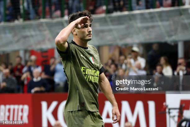 Brahim Diaz of AC Milan celebrates after scoring their team's first goal during the Serie A match between AC Milan and AC Monza at Stadio Giuseppe...