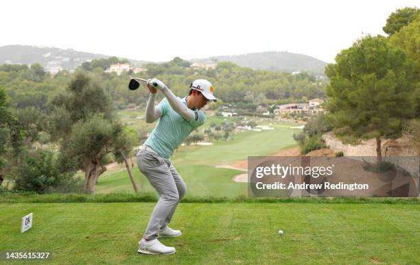 Jazz Janewattananond of Thailand tees off on the 18th hole on Day Three of the Mallorca Golf Open at Son Muntaner Golf Club on October 22, 2022 in...