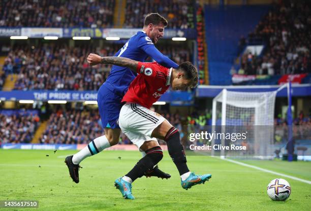 Lisandro Martinez of Manchester United is challenged by Mason Mount of Chelsea during the Premier League match between Chelsea FC and Manchester...