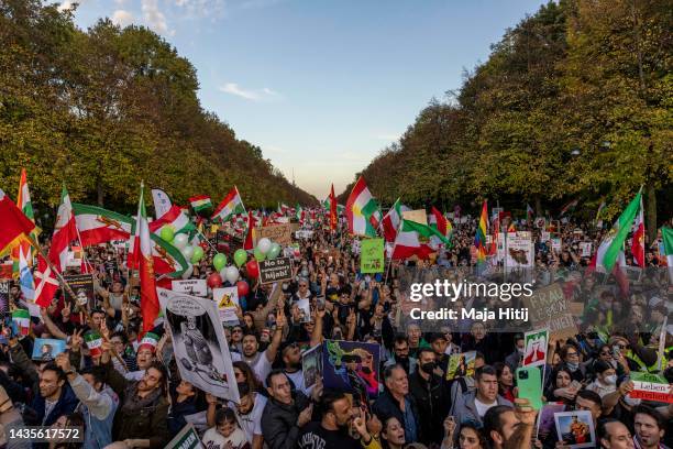 Protestors attend a rally organised by the "Women Life Freedom Collective" in solidarity with women and protesters in Iran on October 22, 2022 in...