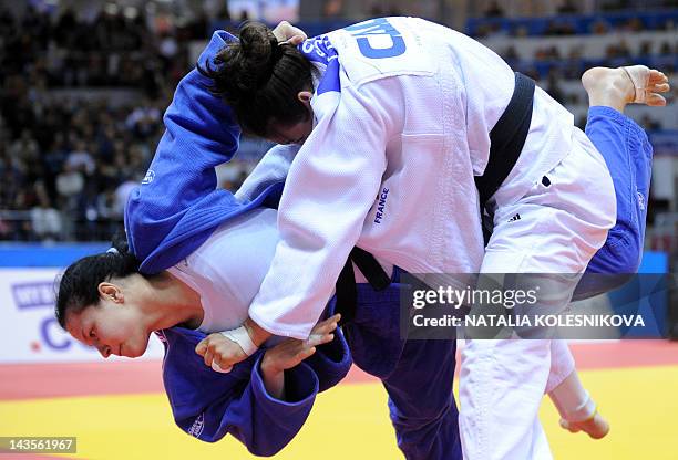 France's Marie Pasquet fights with Russia's Daria Davydova during their women's -70kg category by teams final bout at the European Judo Championships...