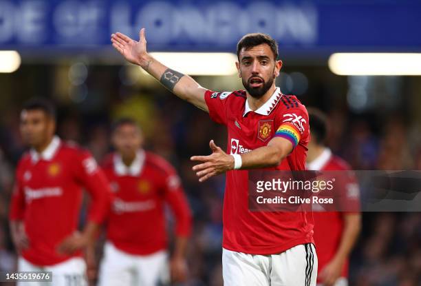 Bruno Fernandes of Manchester United reacts during the Premier League match between Chelsea FC and Manchester United at Stamford Bridge on October...