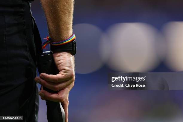 Detailed view of the rainbow laces on a linesman during the Premier League match between Chelsea FC and Manchester United at Stamford Bridge on...