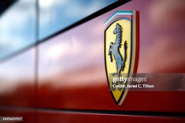 Detail view of a Ferrari logo in the Paddock during final practice ahead of the F1 Grand Prix of USA at Circuit of The Americas on October 22, 2022...