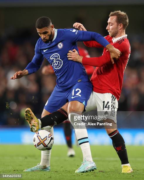 Ruben Loftus-Cheek of Chelsea battles for possession with Christian Eriksen of Manchester United during the Premier League match between Chelsea FC...
