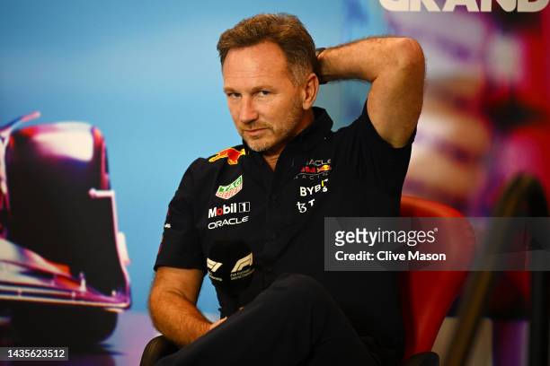 Red Bull Racing Team Principal Christian Horner attends the Team Principals Press Conference prior to final practice ahead of the F1 Grand Prix of...