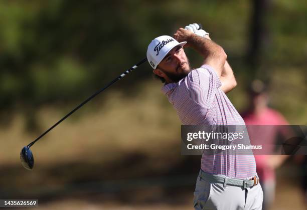 Max Homa of the United States plays his shot from the fourth teeduring the third round of the CJ Cup at Congaree Golf Club on October 22, 2022 in...