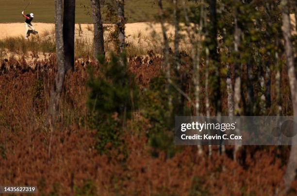 Maverick McNealy of the United States plays a shot on the 11th hole during the third round of the CJ Cup at Congaree Golf Club on October 22, 2022 in...