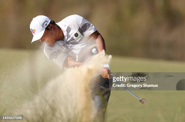 Lee of South Korea plays a shot from a bunker on the third hole during the third round of the CJ Cup at Congaree Golf Club on October 22, 2022 in...