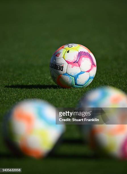 The official match ball is pictured before the Second Bundesliga match between Eintracht Braunschweig and SC Paderborn 07 at Eintracht-Stadion on...