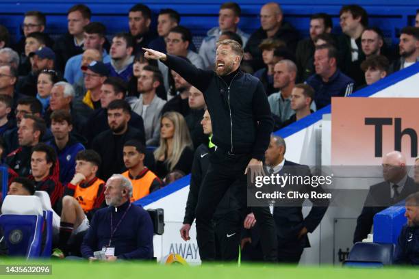 Graham Potter, Manager of Chelsea, reacts during the Premier League match between Chelsea FC and Manchester United at Stamford Bridge on October 22,...