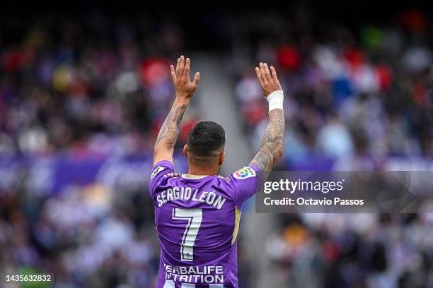 Sergio Leon of Real Valladolid CF celebrates after scoring their team's first goal during the LaLiga Santander match between Real Valladolid CF and...