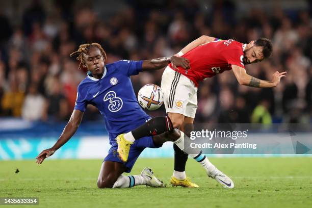 Bruno Fernandes of Manchester United battles for possession with Trevoh Chalobah of Chelsea during the Premier League match between Chelsea FC and...