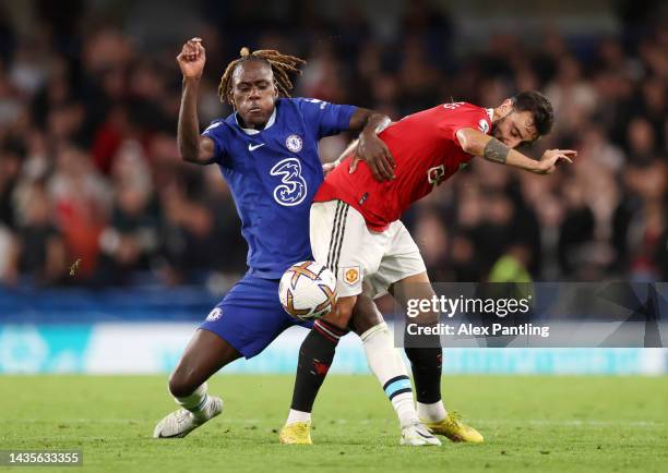 Bruno Fernandes of Manchester United battles for possession with Trevoh Chalobah of Chelsea during the Premier League match between Chelsea FC and...