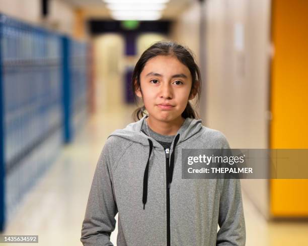 happy 15 years old teenage girl school portrait - 15 years stockfoto's en -beelden