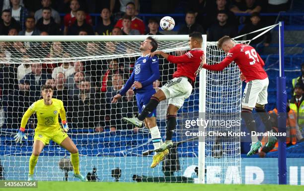 Casemiro of Manchester United scores his teams first goal during the Premier League match between Chelsea FC and Manchester United at Stamford Bridge...