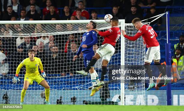 Casemiro of Manchester United scores his teams first goal during the Premier League match between Chelsea FC and Manchester United at Stamford Bridge...