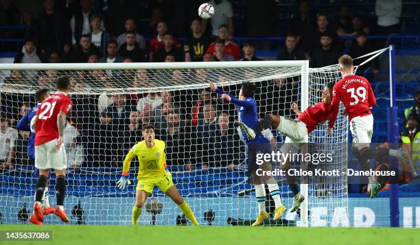 Casemiro of Manchester United scores his teams first goal during the Premier League match between Chelsea FC and Manchester United at Stamford Bridge...
