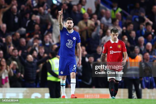 Jorginho of Chelsea celebrates after scoring their team's first goal during the Premier League match between Chelsea FC and Manchester United at...