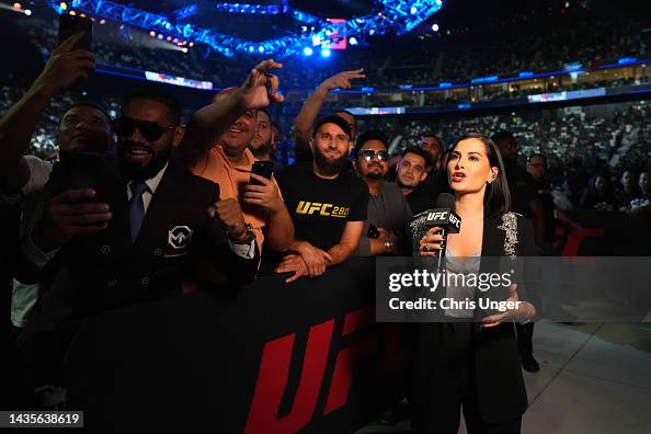 Ufc Reporter Reporter Megan Olivi is seen during the UFC 280 event at Etihad Arena ...