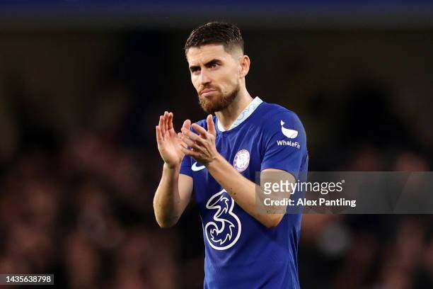 Jorginho of Chelsea acknowledges the fans following the Premier League match between Chelsea FC and Manchester United at Stamford Bridge on October...