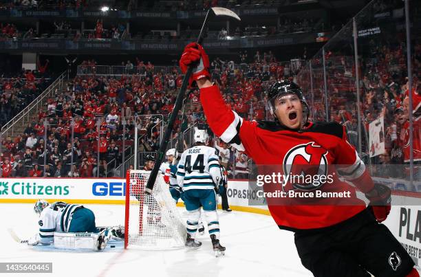 Yegor Sharangovich of the New Jersey Devils celebrates his second period goal against Kaapo Kahkonen of the San Jose Sharks at the Prudential Center...