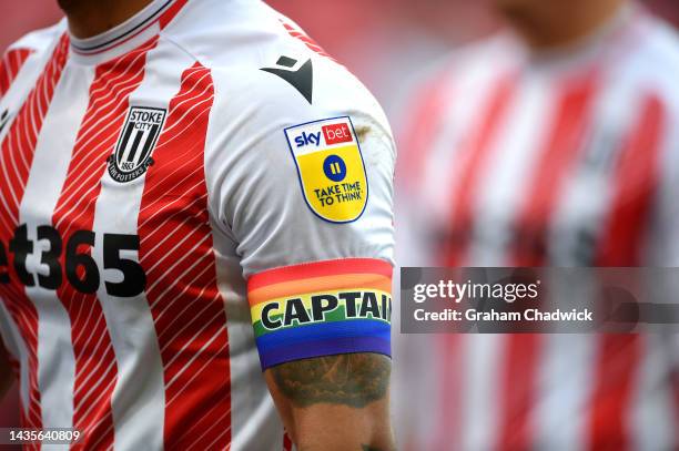 Lewis Baker of Stoke City displays the rainbow captain's armband during the Sky Bet Championship between Stoke City and Coventry City at Bet365...