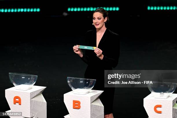 Draw assistant Cate Campbell holds the card for B3 during the FIFA Women's World Cup 2023 Final Tournament Draw at Aotea Centre on October 22, 2022...