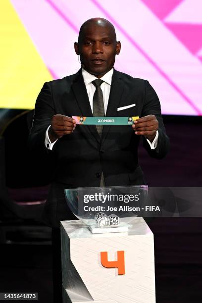 Draw Assistant Geremi Njitap draws out Zambia during the FIFA Women's World Cup 2023 Final Tournament Draw at Aotea Centre on October 22, 2022 in...