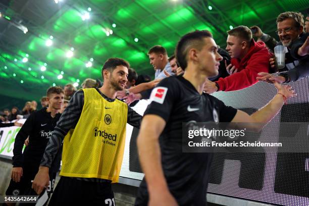 Lucas Alario of Eintracht Frankfurt acknowledges the fans after their sides victory during the Bundesliga match between Borussia Mönchengladbach and...