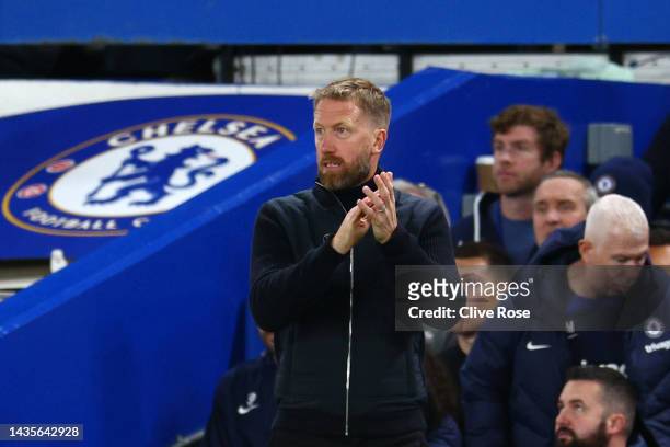 Graham Potter, Manager of Chelsea, reacts during the Premier League match between Chelsea FC and Manchester United at Stamford Bridge on October 22,...