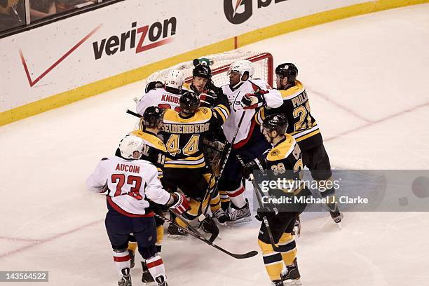 Boston Bruins Andrew Ference in action, scrum vs Washington Capitals Joel Ward at TD Garden. Game 7. Boston, MA 4/25/2012 CREDIT: Michael J. Clarke