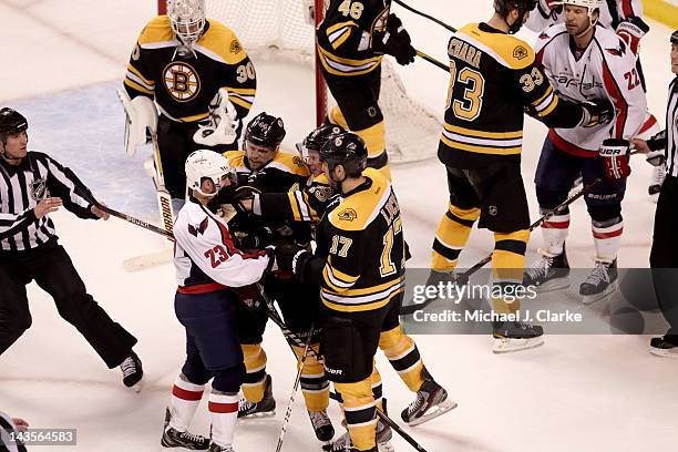 Boston Bruins Dennis Seidenberg and Tyler Seguin in action, scrum vs Washington Capitals Keith Aucoin at TD Garden. Game 7. Boston, MA 4/25/2012...