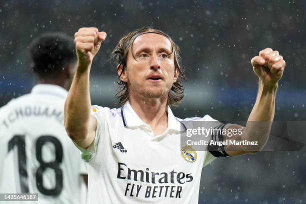 Luka Modric of Real Madrid celebrates after scoring their team's first goal during the LaLiga Santander match between Real Madrid CF and Sevilla FC...