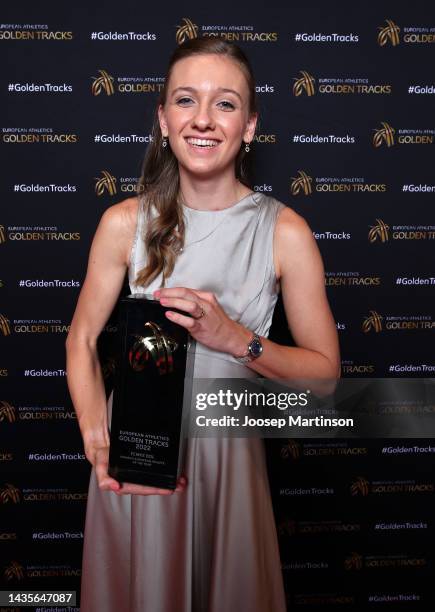 Femke Bol of Netherlands poses with the Women’s European Athlete of the Year Award during the Golden Tracks Award Ceremony on October 22, 2022 in...