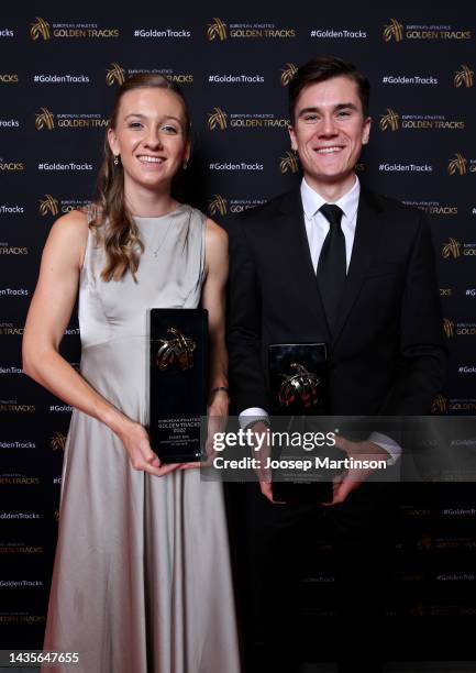 Femke Bol of Netherlands poses with the Women’s European Athlete of the Year Award and Jakob Ingebrigtsen of Norway poses with the Men’s European...