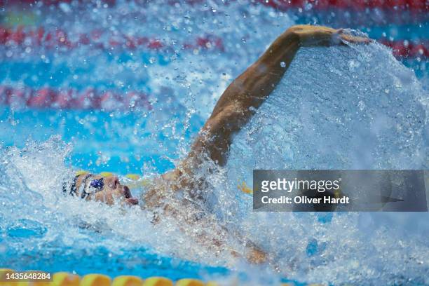 Thomas Ceccon of Italy competes in the Men's 50m Backstroke Fina during day two of the FINA Swimming World Cup Berlin at Schwimm- und Sprunghalle im...