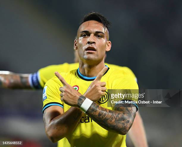 Lautaro Martinez of FC Internazionale celebrates after scoring the second goal during the Serie A match between ACF Fiorentina and FC Internazionale...