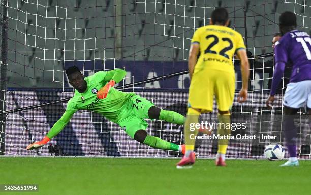 Andre Onana of FC Internazionale in action during the Serie A match between ACF Fiorentina and FC Internazionale at Stadio Artemio Franchi on October...