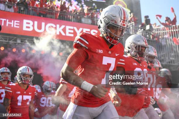 Quarterback C.J. Stroud of the Ohio State Buckeyes leads his team onto the field before playing the Iowa Hawkeyes at Ohio Stadium on October 22, 2022...