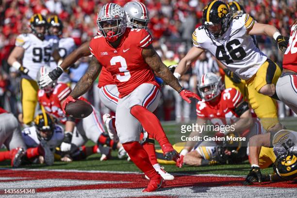 Running back Miyan Williams of the Ohio State Buckeyes celebrates a touchdown in the first quarter against the Iowa Hawkeyes at Ohio Stadium on...