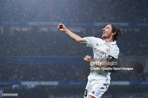 Luka Modric of Real Madrid celebrates after scoring his team's first goal during the LaLiga Santander match between Real Madrid CF and Sevilla FC at...